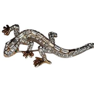 Vtg Clear & Green Rhinestones Reptile Lizard Gecko Jewelry Brooch Mint Condition